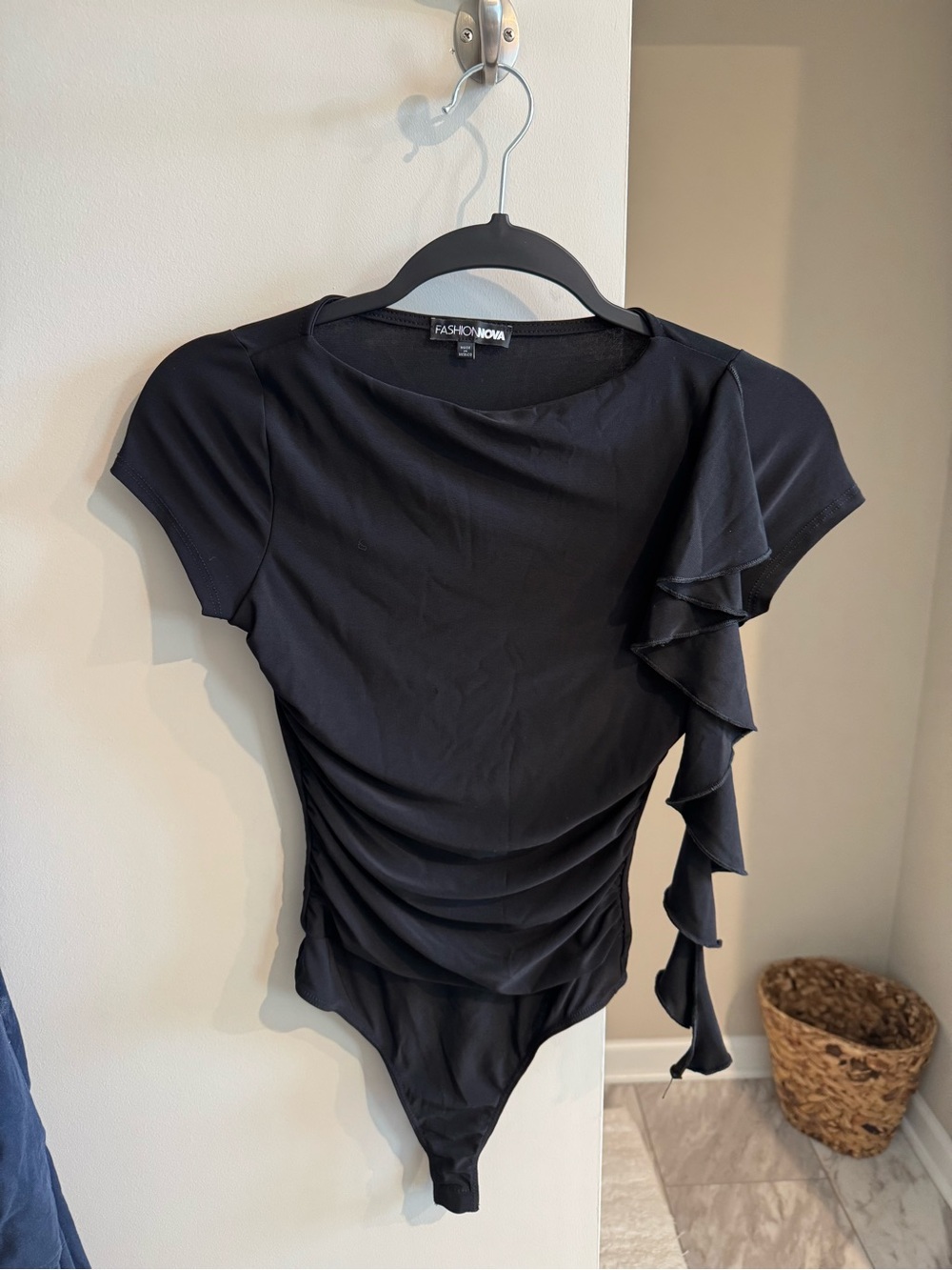 Fashion Nova Black Ruffle-Sleeve Bodysuit